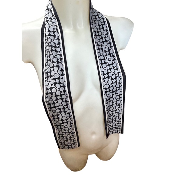COACH Skinny Scarf Black & White Signature Logo Print Neck Tie Bandana Headband - Picture 1 of 11